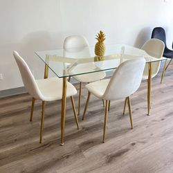 White Gold Modern Velvet Glass Dining Set 