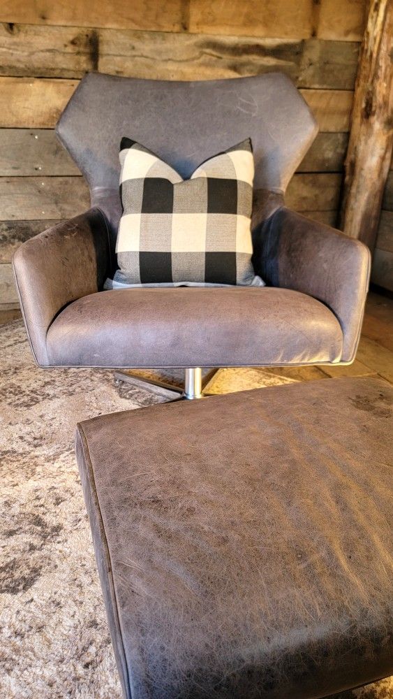 West Elm genuine leather swivel chair with ottoman