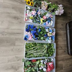 HUGE Bundle Of Fake Flowers, 4 Sterilite Storage Tubs And Flower Pots