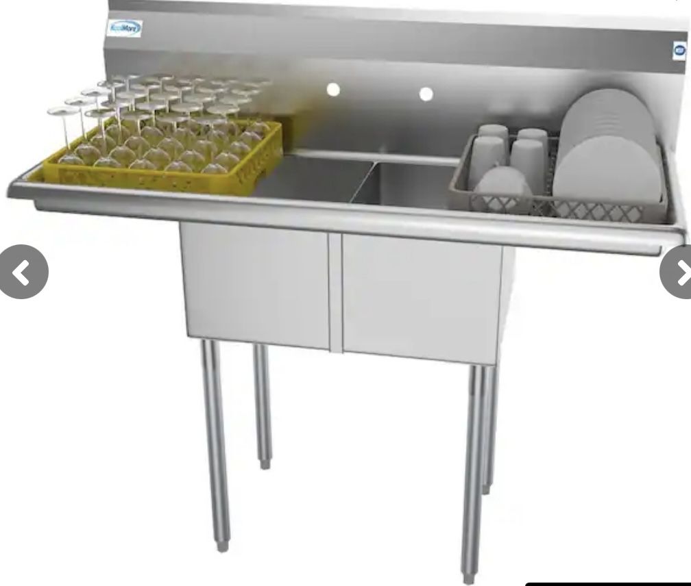 Koolmore 48” Freestanding Stainless Steel 2 Compartment Commercial Sink w/Drainboard