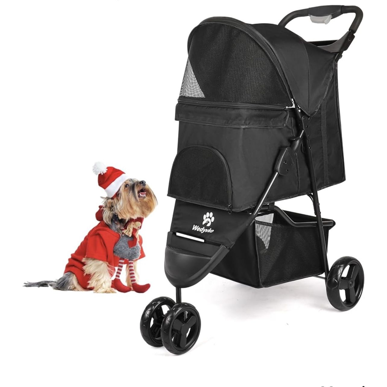 Dog Stroller, Pet Stroller for Small Dogs Cats, Up to 33 LBS with Storage Basket & Cup Holder, Black