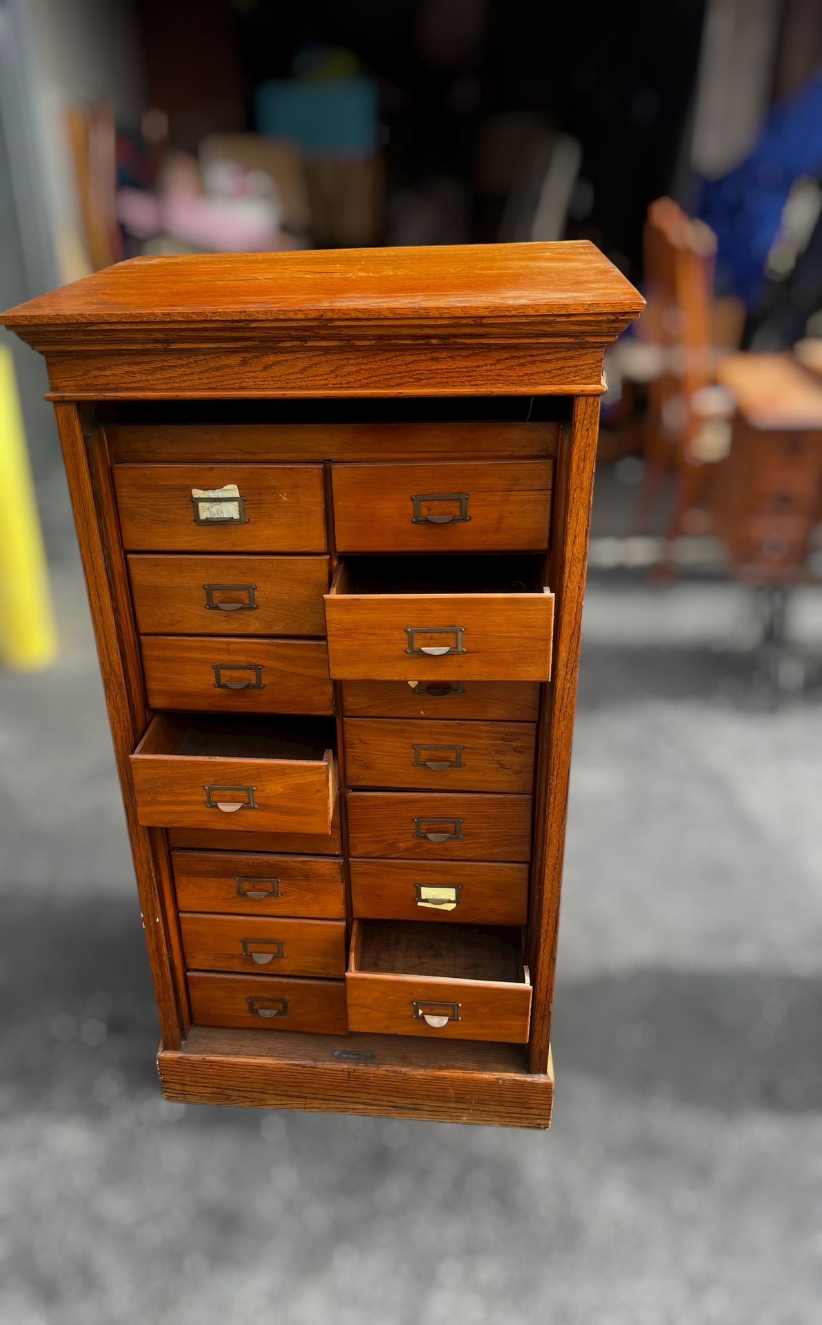 Antique Oak Apothecary-Style Multi-Drawer Cabinet