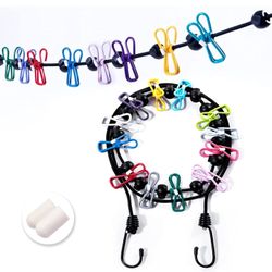 Portable Clothesline with 12 Colorful Clothespins, Windproof Travel Clothesline Stretchy Retractable Elastic Laundry Clothes Line for Backyard, Vacati