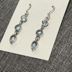Sterling Silver Triple Blue Topaz Dangle Earrings New