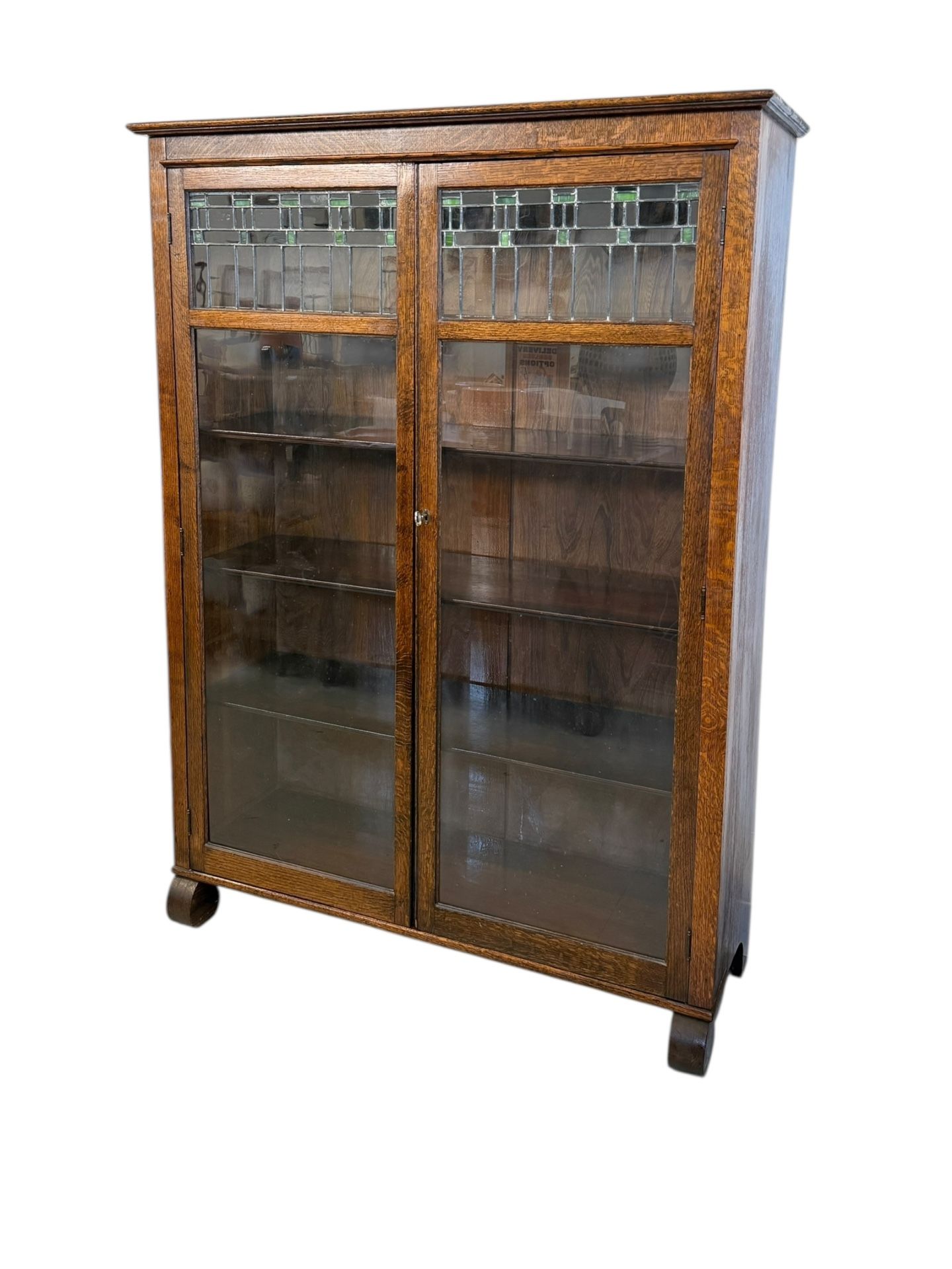 Antique Arts and Crafts Oak 5-Shelf Bookcase with Stained Glass Doors