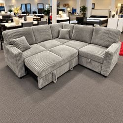 Gray Corduroy Sectional Sofa with Pull-Out Bed