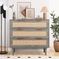 NEW LAZZO 3 Drawer Dresser for Bedroom, Rattan Dresser, Gray