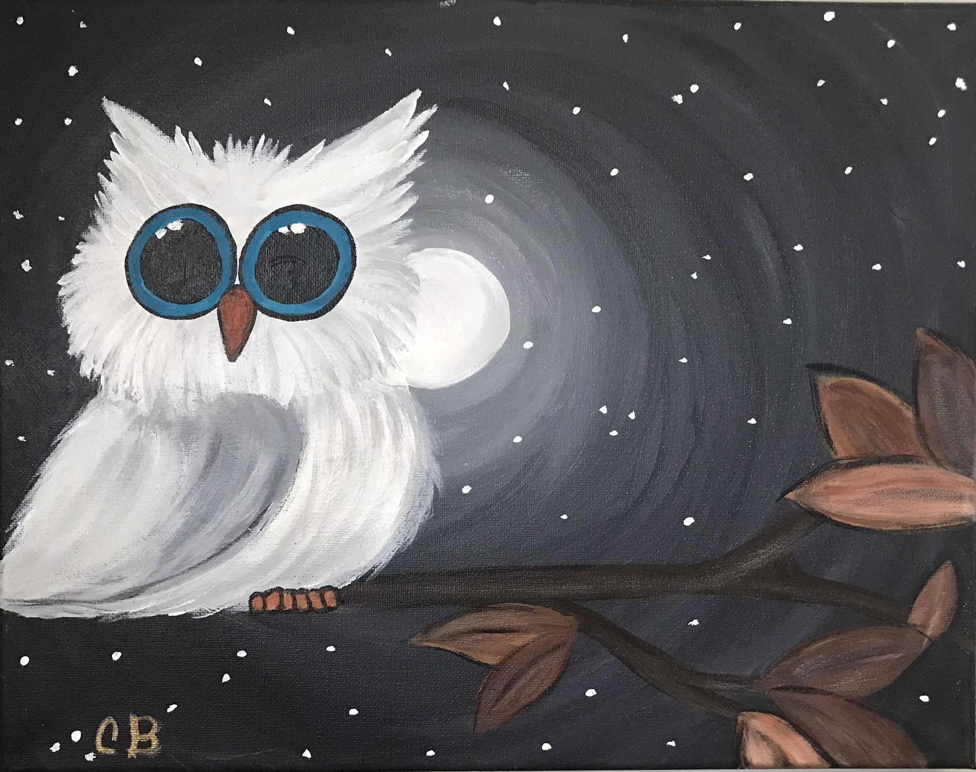 Hand Painted White Owl In the moonlight 8” X10” Canvas