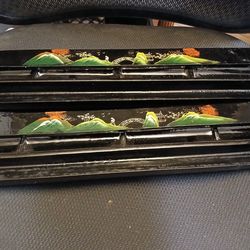 2 Vintage Chinese Handpainted Black Lacquered Mahjong Tile Holders
