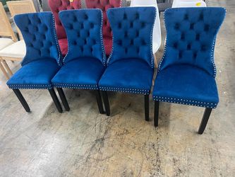 Set of 4 Velvet Fabric Dining Chairs Luxury Tufted Back with Nailed Trim and Back Ring Pull, Armless Side Chairs Solid Rubber Wood Legs (Blue)