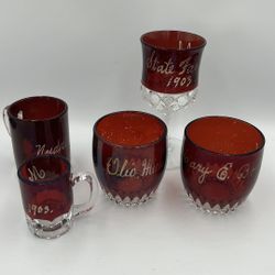 Antique Ruby flashed and Clear Glass state fair Ohio Souvenir cups, shot glass