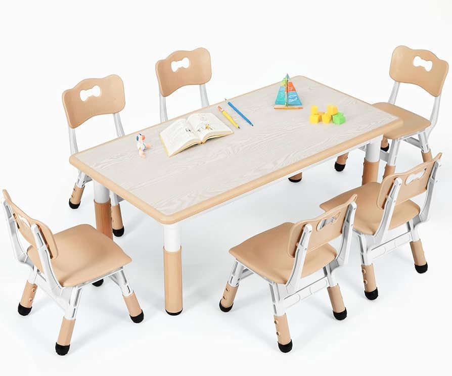 Kids Table and 6 Chairs Set, Height Adjustable Graffiti Desk, Preschool Activity Art Craft Table, for Daycare Classroom Home Boys and Girls Age 3-12 (