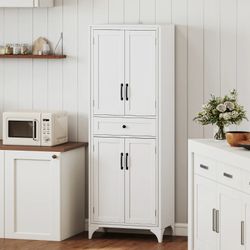 67" 4-Door Kitchen Pantry with Drawer and Adjustable Shelves, White