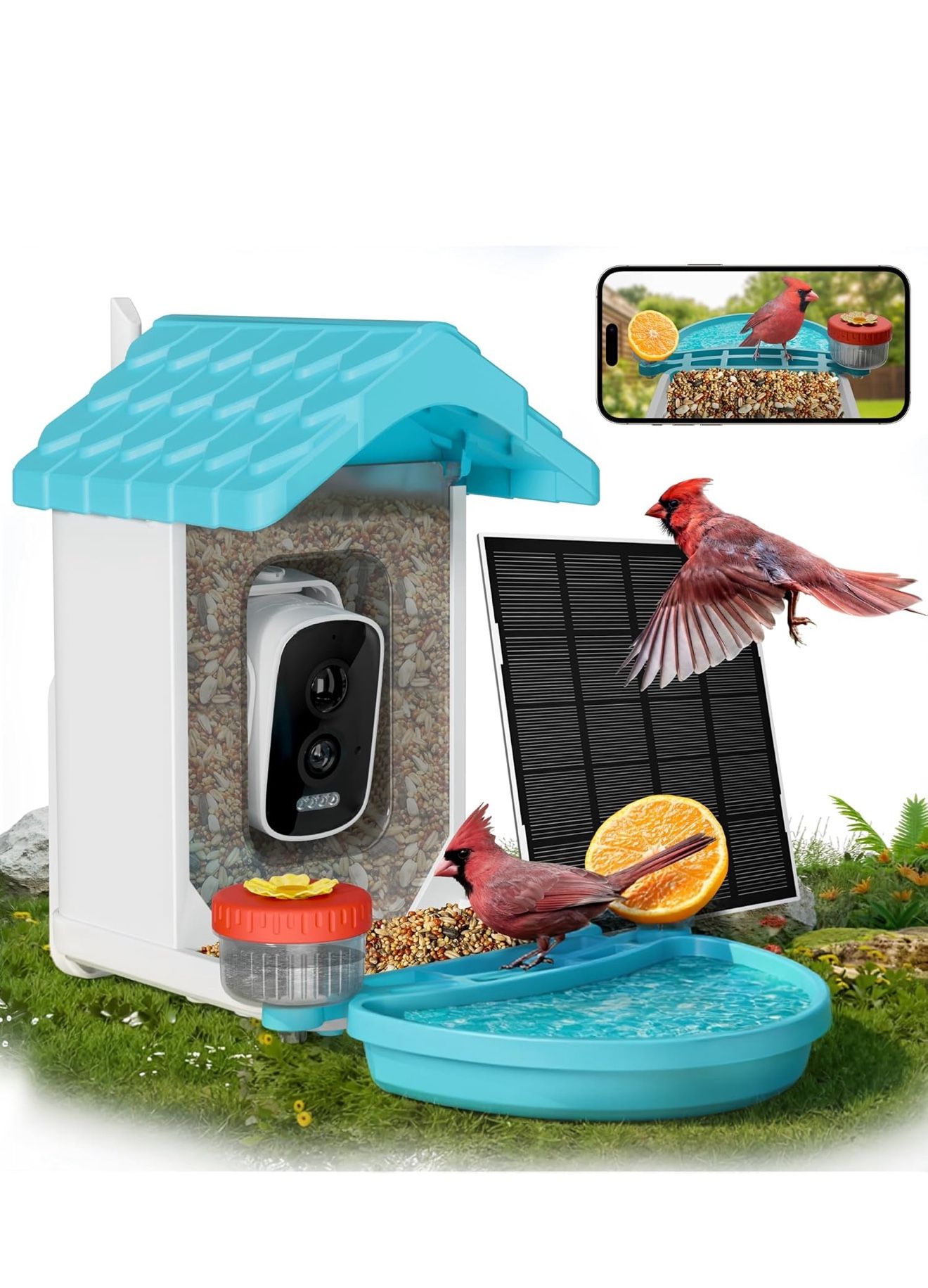 2-in-1 Smart Wild Bird Feeder & Bath with 4K HD Camera, AI Identification Solar Bird Feeder Watching Camera Night Vision for Outdoor Birds Watching Gi
