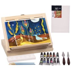 Tabletop Easel Art Set Painting Kit,19 Piece Acrylic Painting Supplies Kit, Adjustable Wood Desk Easel Stand With Storage Drawer, Senior Pine Wooden P
