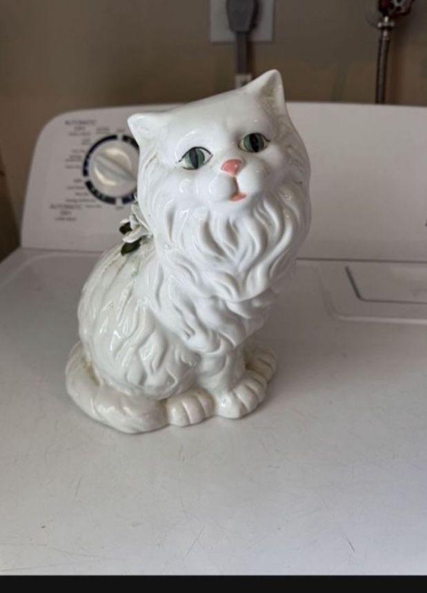 Vintage MCM Handpainted White Persian Cat Ceramic Statue Figurine 14" Blue 