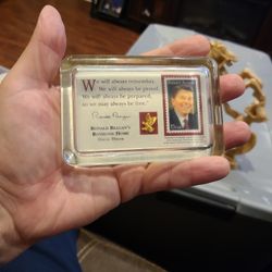 Ronald Regan Stamp And Pin Paper Weight 