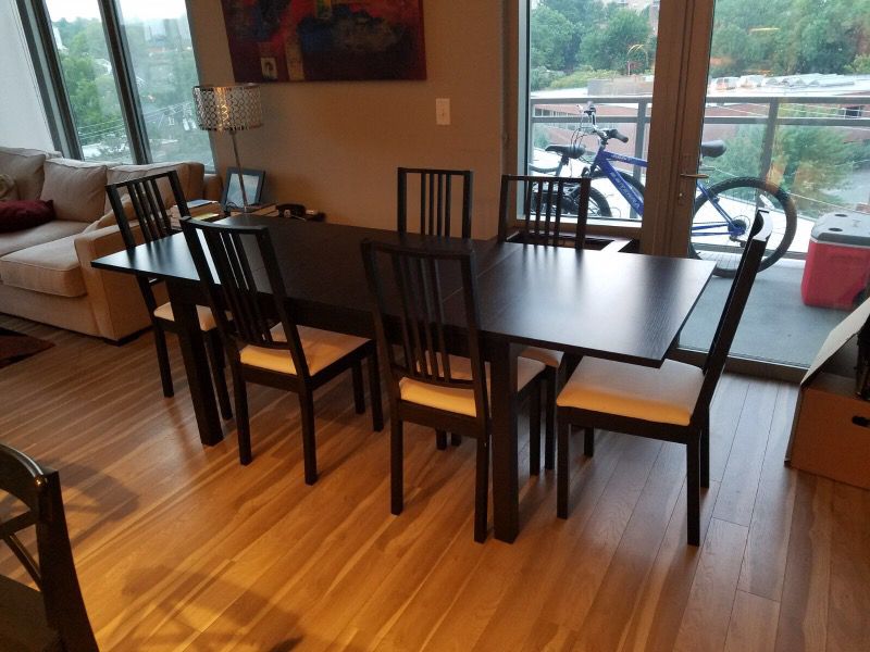 Dining room set with 6 chairs table length 86.7 " and 33" wide can be reduced by 31" by removing extra leaf