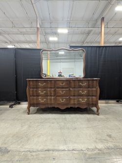 Vintage French Provincial Style Triple Dresser with Ornate Mirror