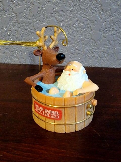 1986 Hallmark Santa And Reindeer In Polar Barrel Hot Tub Co. Christmas Ornament