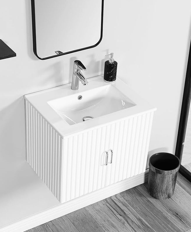 Mounted Bathroom Vanity with Ceramic Sink, Floating Single Basin Wooden Lavatory Vanity Cabinet Combo with Storage Shelves & Duo Doors, Closet Vanitie