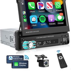 Wireless Apple Carplay Single Din Car Stereo, Podofo 7 Inch Flip Out Touchscreen Car Radio with Wireless Android Auto, Bluetooth, Type-C/USB/TF/Aux