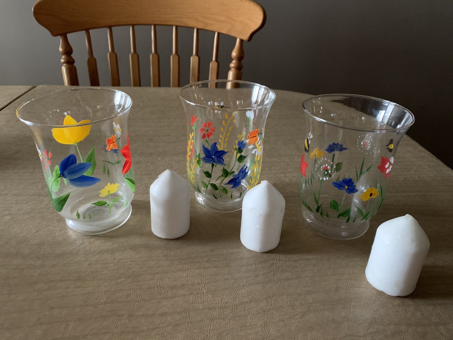 S Set of 3 - Hurricane glass candle holders / Vase / Floral Hand Painted