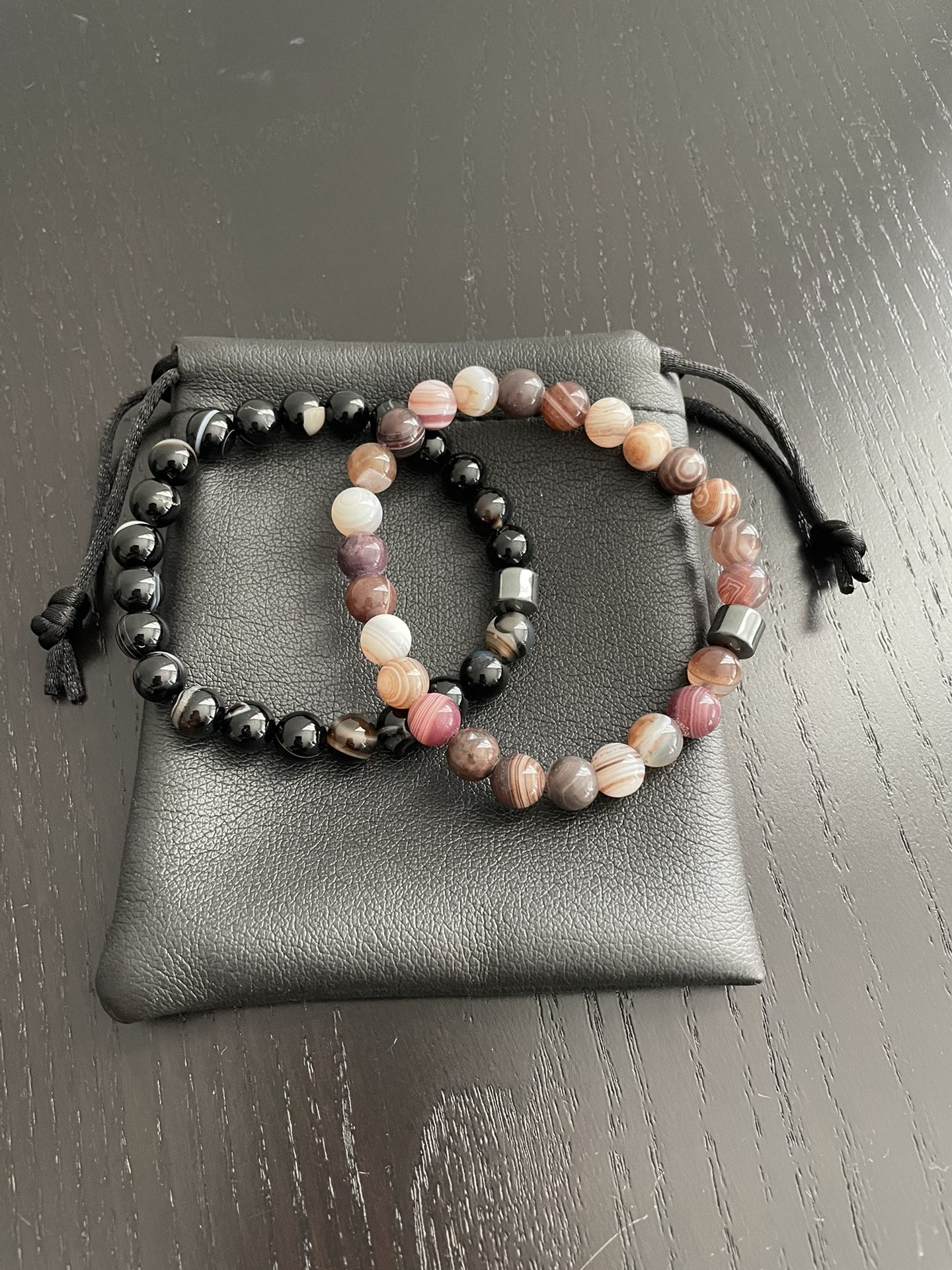 Sell set or individual: Black ink agate Bracelet, Bosiwan agate Bracelet, and black leather Bag