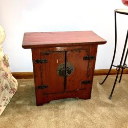 Antique Chinese Red Lacquer Wood Side Cabinet 