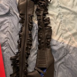 Leather Thigh High Gladiator Wedge Heel