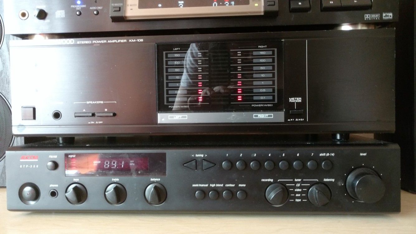 Kenwood KM-106 stereo power amplifier and Adcom GTP-350 preamplifier/AM/FM tuner