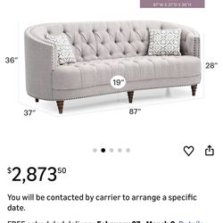 Upholstered Sofa with Sloped Arm in Grey Couch Loveseat Lounge tufted 7 feet long