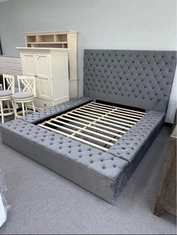 Gray Velvet Tufted Upholstered Bed Frame| finance available no credit needed