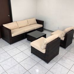 BRAND NEW $395 Patio Furniture (6pcs) Set Outdoor Sectional Set Wicker Rattan Sofa Chair Set w/ Cushion, Glass Table