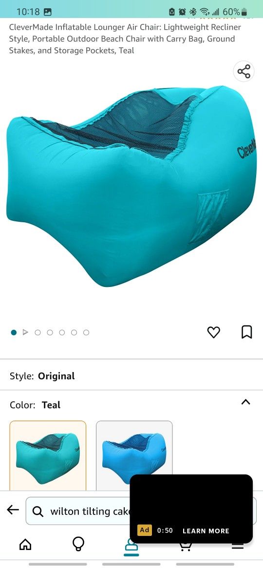CleverMade Inflatable Lounger Air Chair: Lightweight Recliner Style, Portable Outdoor Beach Chair with Carry Bag, Ground Stakes, and Storage Pockets