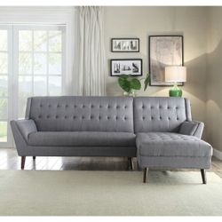 Grey sofa sectional linen fabric upholstery tufted wood legs