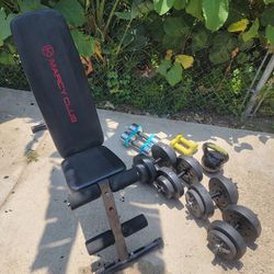 2 Sets Dumbells 40 Lbs ,44 Lbs Adjustable Steel Dumbells, 35 Lbs Kettle Bell, 5 Lbs Dumbells And Marcy Club Bench