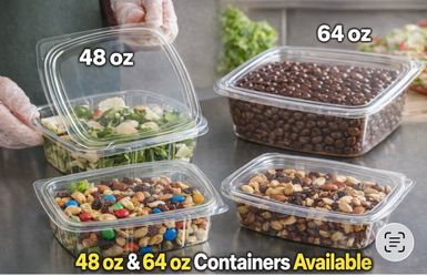 PLASTIC Transparent FOOD CONTAINERS Tamper-Evident Hinged clamshell Containers (48oz & 64oz) Perfect for meal prep, takeout, fruit cups, deli, salads,