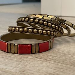 MOROCCAN BRASS RESIN BANGLE, Brass and Red Bangle Bracelet Set