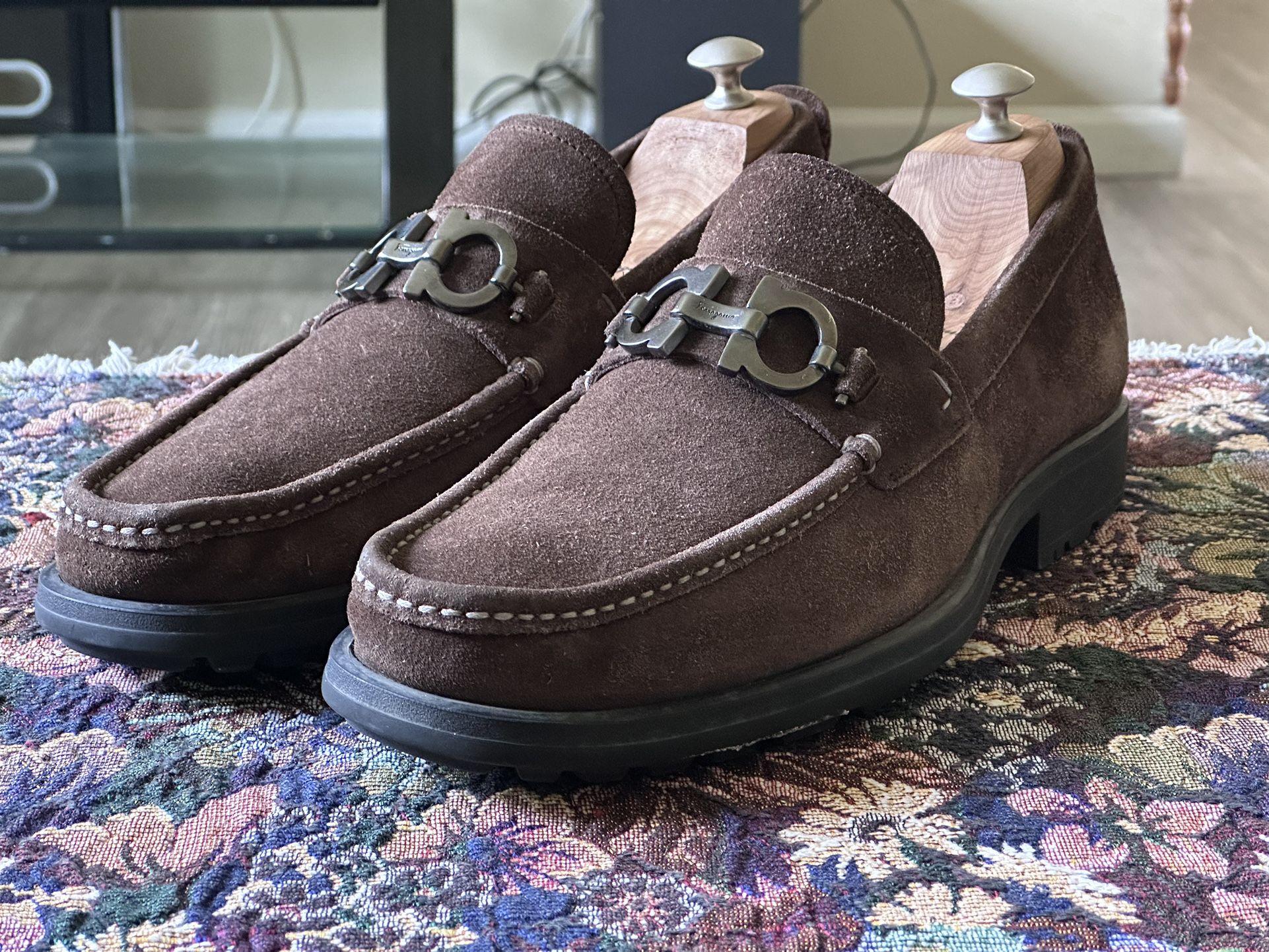 Salvatore Ferragamo Master Gancini Horse Bit Brown Suede Leather Men’s Dress Loafers Shoes Size 10.5 D
