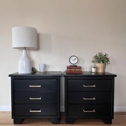 Matching large black nightstands with 3 drawers. Fully refinished wood nightstands, set of 2.