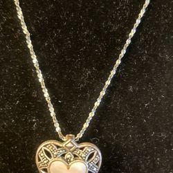 VTG Mother Of Pearl & Marcasite Heart Pendant Necklace 
