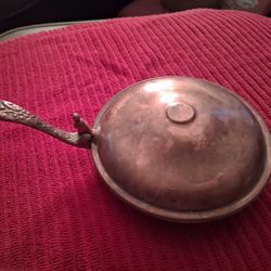 ANTIQUE COPPER SILENT BUTLER CRUMB CATCHER WITH ORNATE FLORAL HANDLE 