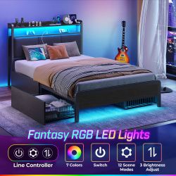 🔥🔥TWIN Bed Frame w/ Charging Station, LED Lights, Upholstered Storage Headboard w/ 4 Drawers