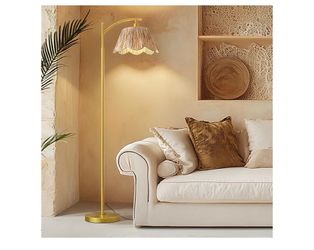 Gold Arc Floor Lamp with Fringe Shade