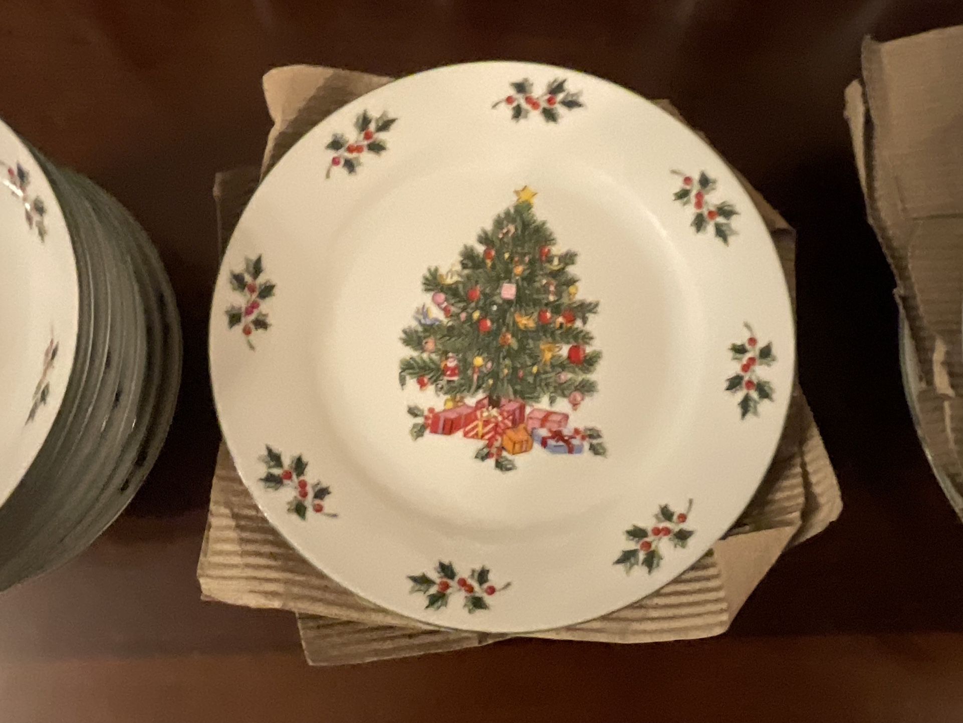 Vintage Christmas Tree China by Century Porcelain Cups Bowls and Salad Plates