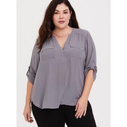 Torrid size 3 X Gray V-Neck Blouse with Roll-Tab Sleeves