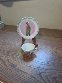 Miniature Porcelain Saint Jude Cup and Plate Set