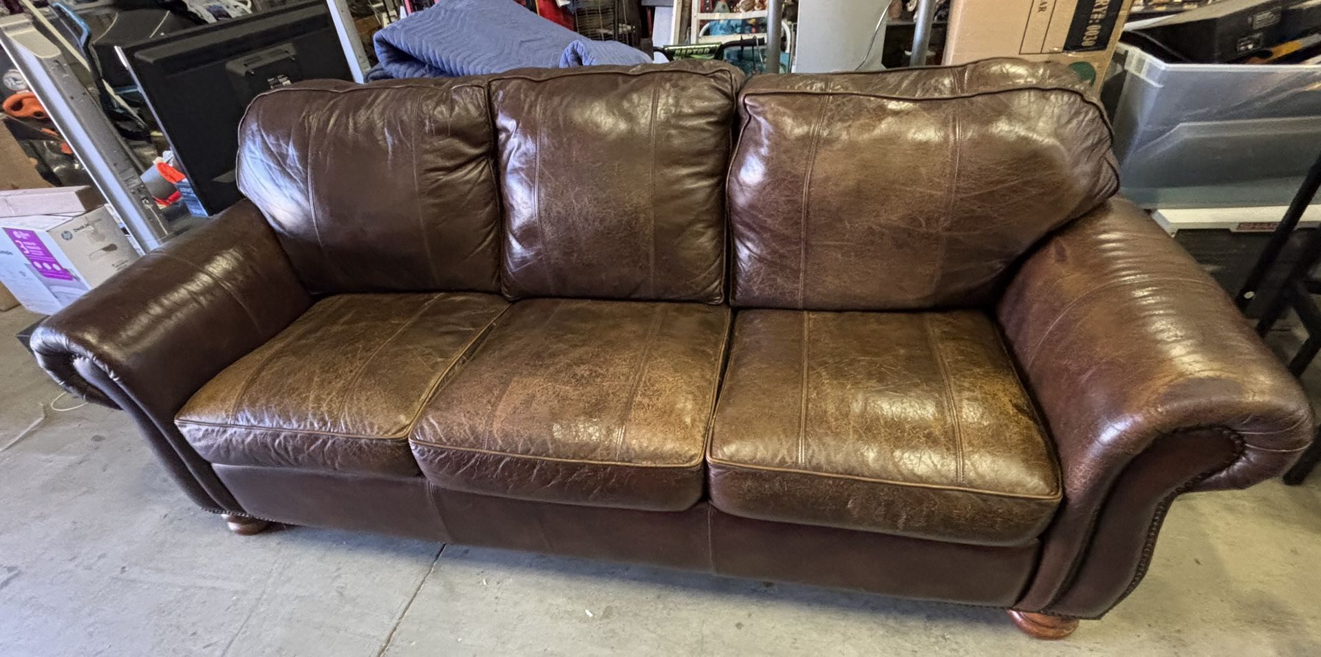 Thomasville Brown Leather Rolled Arm Sofa 89in.