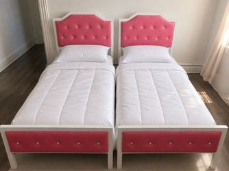 Pink & White Tufted Twin Beds — Faux Leather Metal | Set of 2